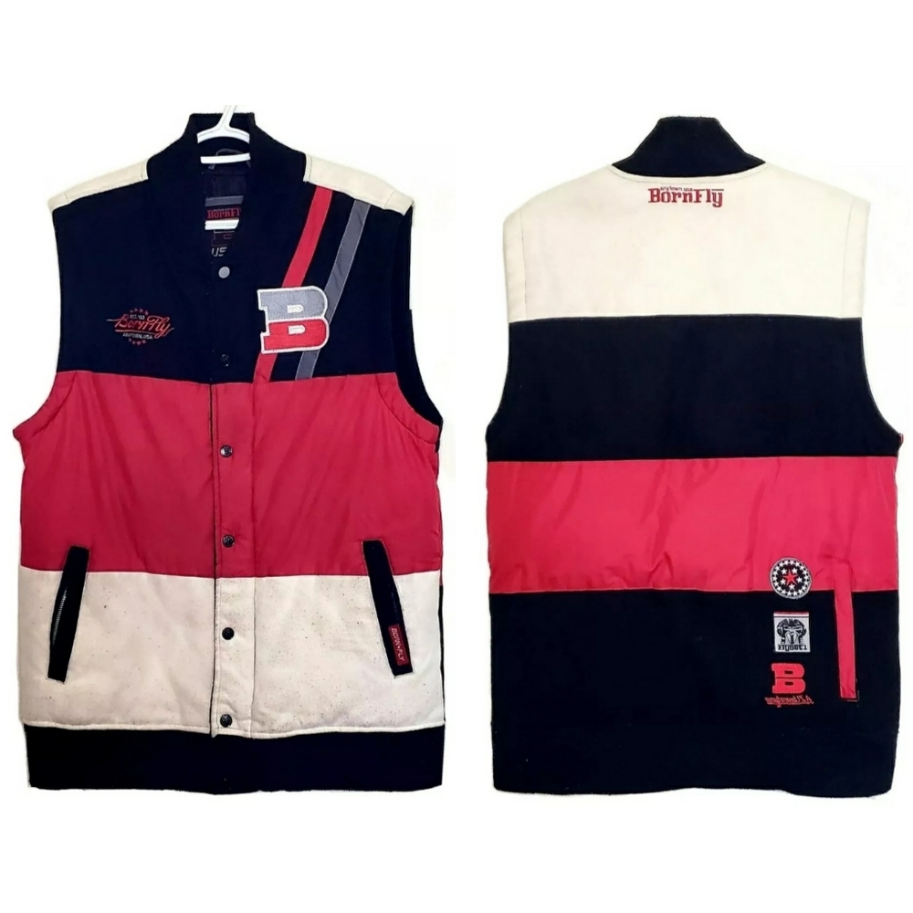 Vintage Born Fly Anytown USA Vest Mens Large Black Red Embroidered Varsity Style